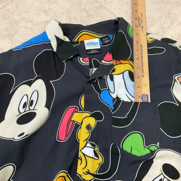 Disney Mickey & Friends AOP Button Up 100% Rayon Shirt Men's L Black w pocket - Picture 9 of 9